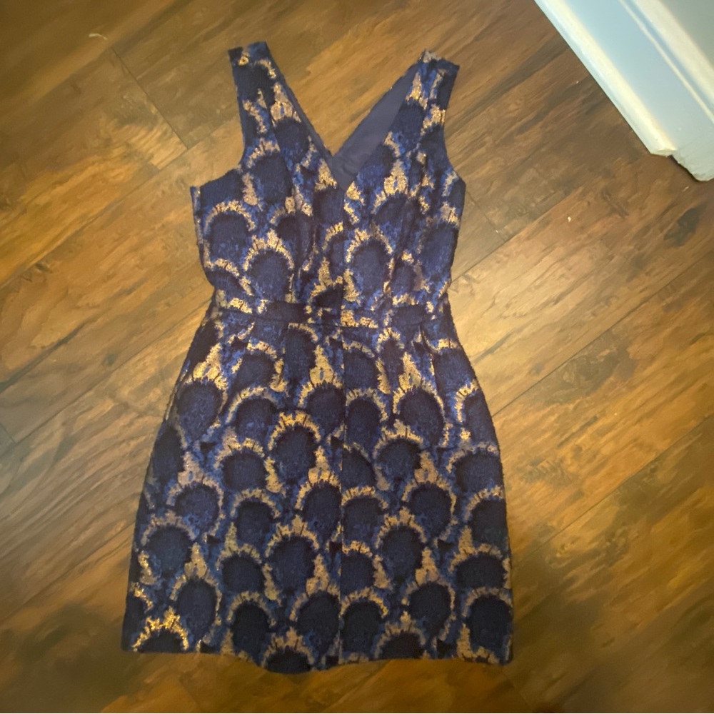 J.Crew Navy & Gold Metallic Brocade V-Neck Party Dress - Size 4